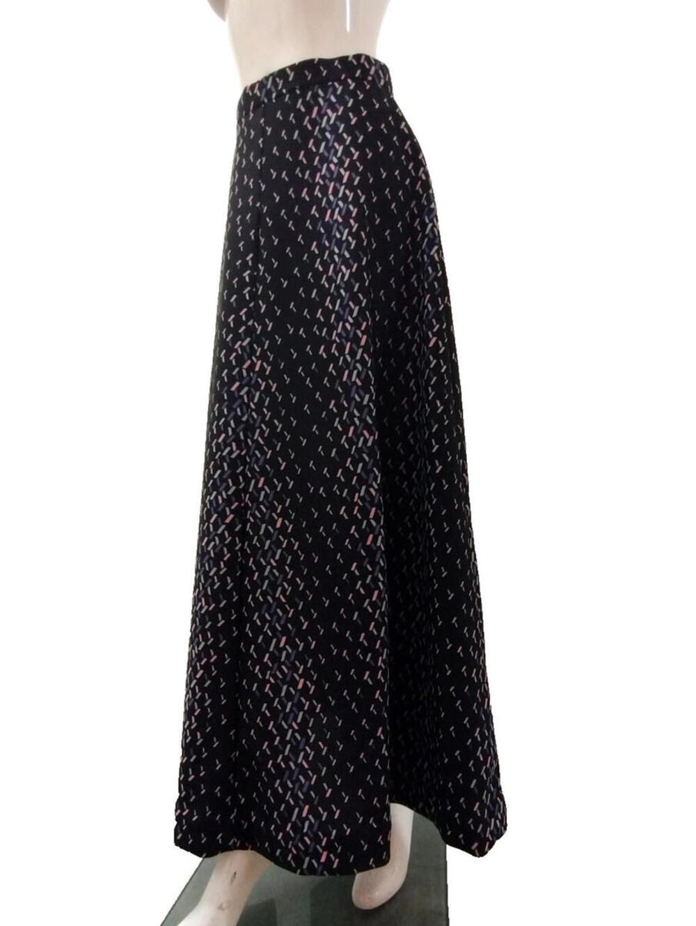 1970s Black Maxi Skirt 70s Geometric Pink Rainbow Pastel Colorful Small 26 Waist